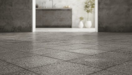 Gray textured pebble-look floor tiles arranged in a pattern for landscape design, focusing on weather resilience