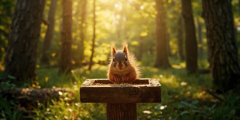 Wildlife activity showing a squirrel at a bird feeder amidst trees, focusing on natural foraging