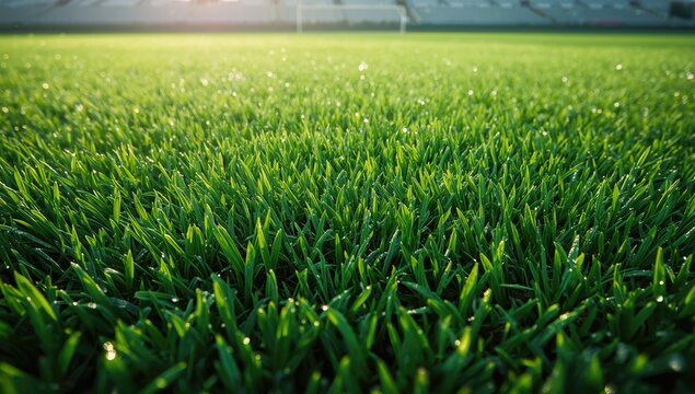Macro view of lush stadium grass in sunlight during irrigation, highlighting turf care