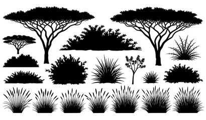 African savannah plants and acacia tree silhouettes vector set © MdGohurul