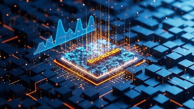 A futuristic 3d rendering of a microchip with glowing blue and orange lights on a dark blue background with a graph - Powered by Adobe