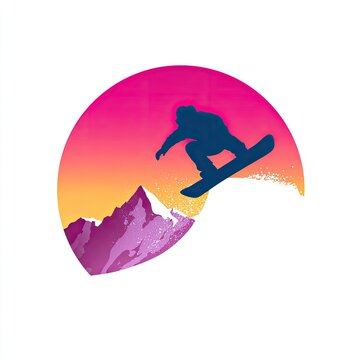 Snowboarding Sport Logo Boarder carving halfpipe frozen breath mountain sunset laid-back cool isolated on white background