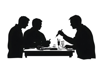 Silhouette of Innovation: In a dimly lit lab, a team of scientists huddle around a table, their focus solely on the instruments before them.