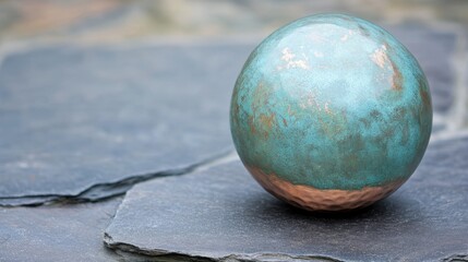 A gleaming copper sphere with a textured oxidized patina rests on dark slate tiles showcasing varied green and brown metallic surface details