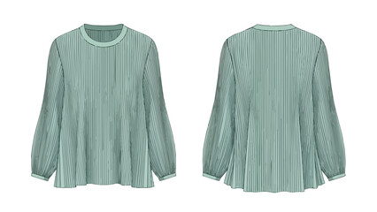 Obraz premium Elegant Mint Green Pleated Long Sleeve Blouse Presented Front and Back for Fashion Design Reference