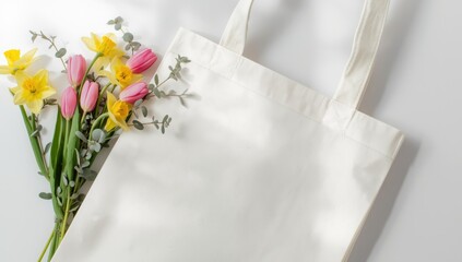 Mockup of plain canvas tote bag adorned with pink tulips daffodils and eucalyptus on white background, spring eco friendly promotional material