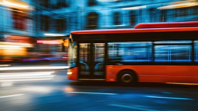 A red and orange bus driving through a city street with blurred lights and buildings in the background.