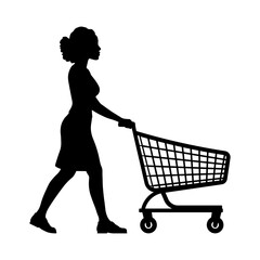 Black silhouette of a woman pushing a supermarket shopping cart, side view, isolated without background