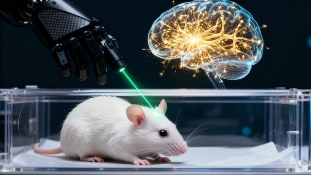 White laboratory mouse sits in a clear enclosure under clinical lighting. A robotic arm directs a green laser beam near the animal while a glowing neural hologram visualizes brain activity above the s