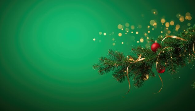 Decorative Christmas tree branch with ornament on vibrant green background, holiday decoration detail