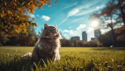 Adventurous feline observing the urban park environment, blending cityscape with natural surroundings, emphasizing animal curiosity