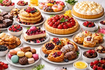 Assorted sweet dishes and baked goods spread across a table