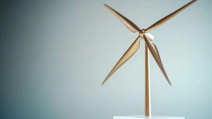 A miniature golden wind turbine replica with four spinning blades rests on a white surface against a light grey background