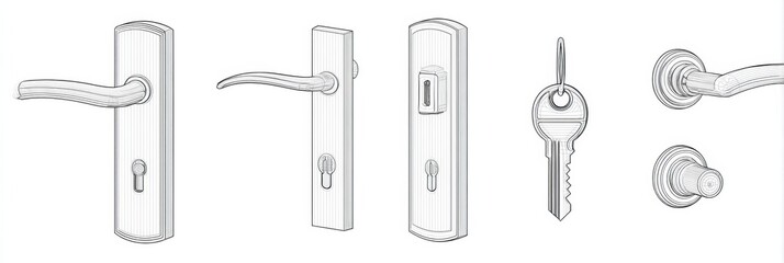 A collection showcases different styles of door handles and locks, including keys and lock mechanisms in simple line drawing form for design projects.