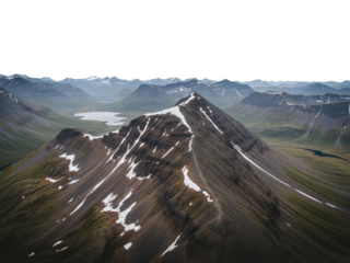 Jagged mountain peaks with snow patches and a distant lake in a vast valley isolated on a transparent background