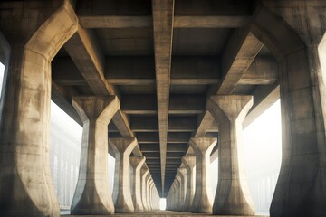 Heavy concrete pillars and beams creating a symmetrical, leading perspective under a highway overpass