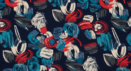 Abstract pattern of brush strokes with red, blue, gray and white colors on dark blue background, representing artistic expression and modern design