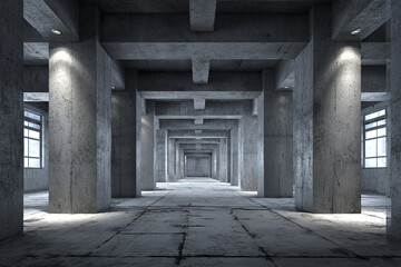 Obraz premium Unfinished concrete building interior with large pillars and beams, natural light from windows, and industrial atmosphere creating cold, spacious environment