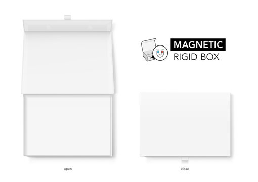 White magnetic rigid box with tab mockup. Vector illustration isolated on white background. Taking your 2D designs into 3D. Can be use for gift box, luxury, cosmetics, and other goods. EPS10.