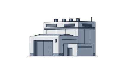 Industrial building facade with garage doors and ventilation system, modern warehouse structure illustration