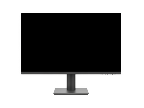 Modern flat screen computer monitor with thin bezel and dark gray stand isolated on a transparent background - Powered by Adobe