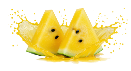 Two vibrant triangular yellow watermelon slices with seeds and green rind, surrounded by energetic juice splash, high-key studio light, white background. Refreshing summer food concept