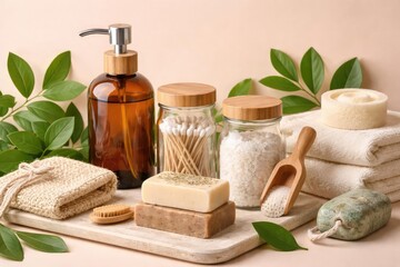 Zero waste bathroom setup with organic glass containers solid soap and green leaves on pastel backdrop
