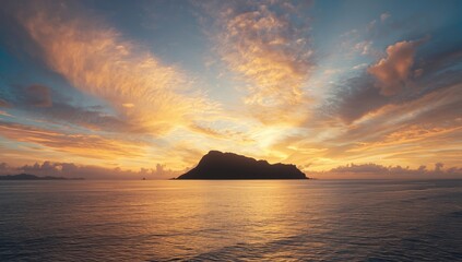 Sunset over a tropical island with lush clouds reflecting on the ocean surface, suitable for layout backdrops
