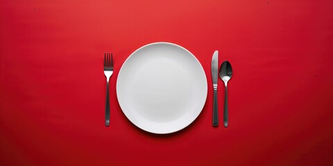 Empty white plate with spoon and fork on red background, suitable for menu design or food layout, background for text and layout