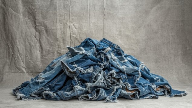 Collection of ripped denim in multiple blue tones, serving as a background for fashion and upcycling projects