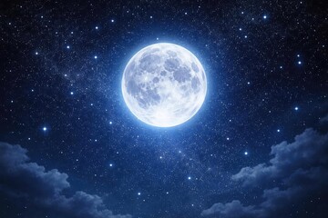 Vibrant full moon shining in a clear night sky rich with sparkling stars
