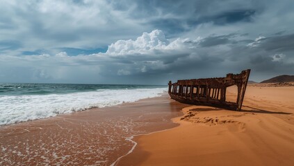 Wrecked vessel stranded along Namibias Skeleton Coast, illustrating natural erosion and maritime safety challenges