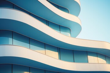 Modern building with flowing lines and blue windows reflecting the clear sky