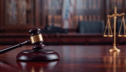 Gavel placed on legal table during judicial decision-making, highlighting courtroom law and justice