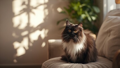 Domestic scene featuring a black and white cat with yellow eyes, highlighting pet environment and natural posture