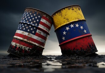 United States and Venezuela flags on rusted oil barrels sinking in dark crude oil, symbolizing the political energy crisis and tense bilateral relations, photographed with a dramatic moody atmosphere