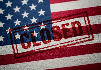 Distressed Red CLOSED Stamp on American Flag Symbolizing Government Shutdown and Economic Crisis