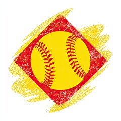 Softball Sport Logo Yellow ball with red stitches pitchers windup diamond dust cloud nostalgic summer nights isolated on white background