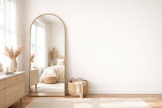 Stylish contemporary mirror in luminous bedroom with text copy space
