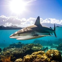Fototapeta premium A large, grey shark swims through clear, tropical waters, with a vibrant coral reef below and a bright sun overhead