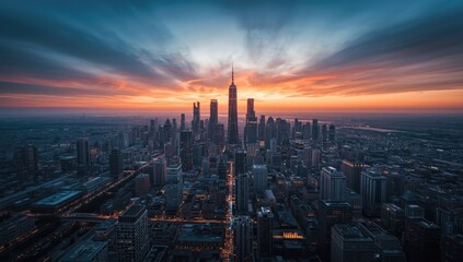 Bird's-eye perspective of a modern cityscape with diverse building designs and dense development, urban planning focus