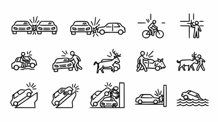 Collection of car accident icons illustrating various collision types.