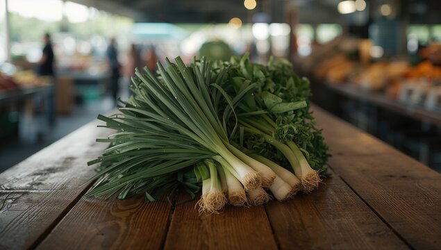 Green spring onion and leek laid out on a farmer market counter, used for layout or background purposes