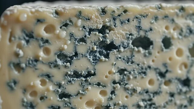 Extremely sharp close-up detail shot focusing on the rough cross-section edge of a dense piece of blue cheese highlighting the distribution of the prominent blue mold highlighting, gourmet, culinary
