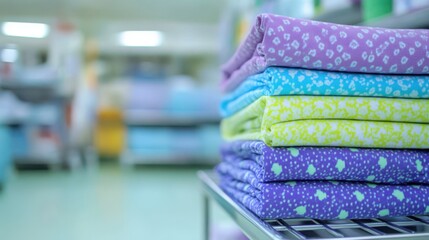 A neatly folded stack of colorful patterned fabric sheets rests on a shelf in a brightly lit environment