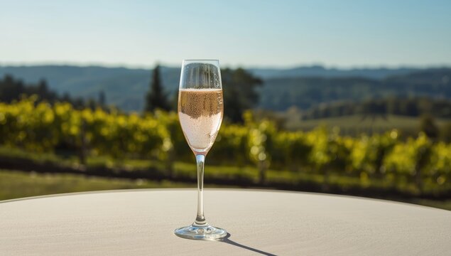 Sparkling ros&Atilde;&copy; wine with bubbles in a vineyard setting, emphasizing production techniques, Hautvillers vineyards, France