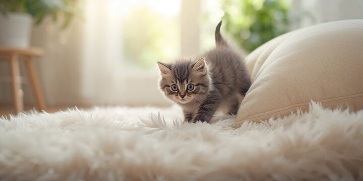 Cute kitten lounging on a pillow, highlighting cozy behavior, World Animal Day - Powered by Adobe