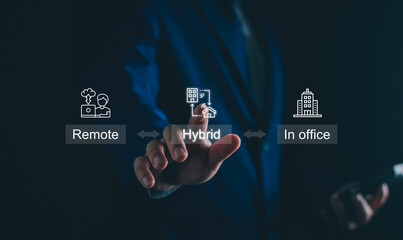 businessman adopting a hybrid work strategy allows employees to balance remote and in office work, flexibility boosts employee morale and productivity, online business work from home concept.