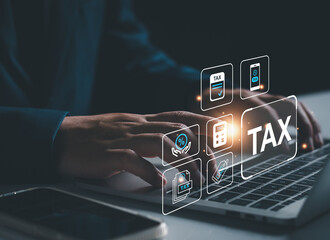 Tax calculator planning concept, Businessman calculating business balance prepare tax reduction, taxes paid by individuals and corporations such as VAT, income and property.
