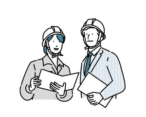 書類またはPCを持つビジネスパーソンー男女ー上半身ーヘルメットを被った男女ーベクターイラスト素材